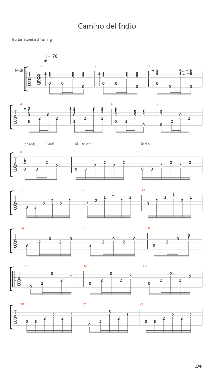 Camino del Indio吉他谱