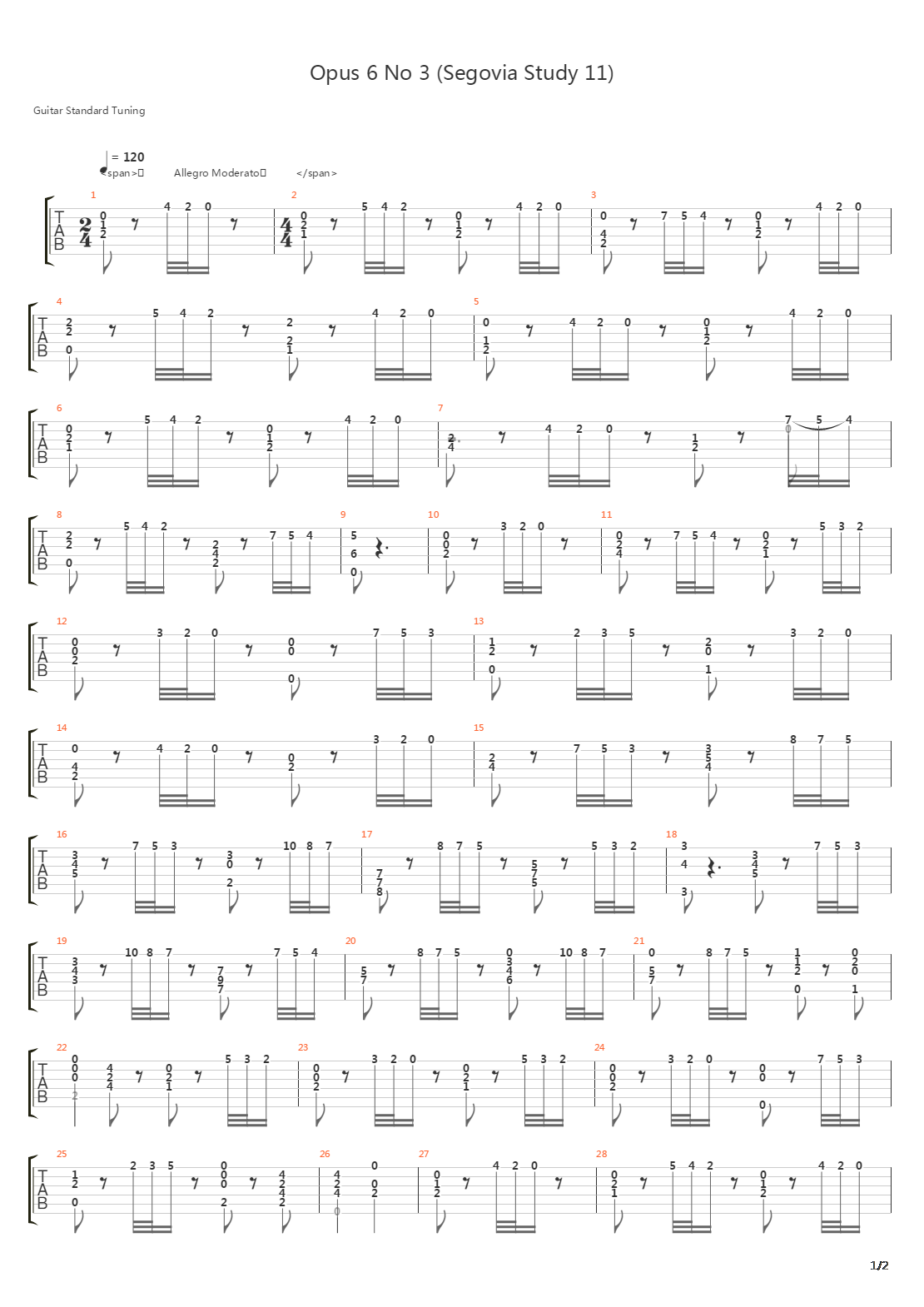 Opus 6 No 3 (Segovia Study 11)吉他谱