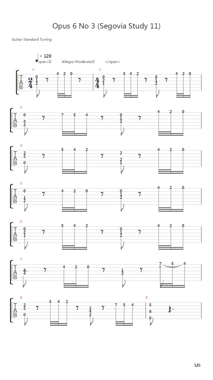 Opus 6 No 3 (Segovia Study 11)吉他谱