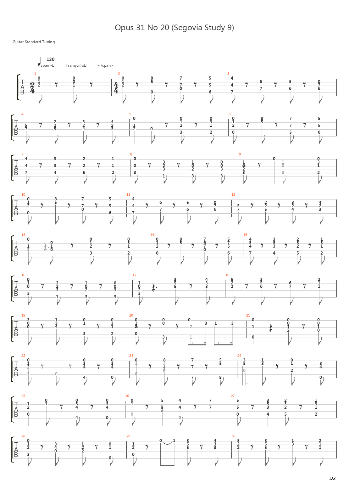 Opus 31 No 20 (Segovia Study 9)吉他谱