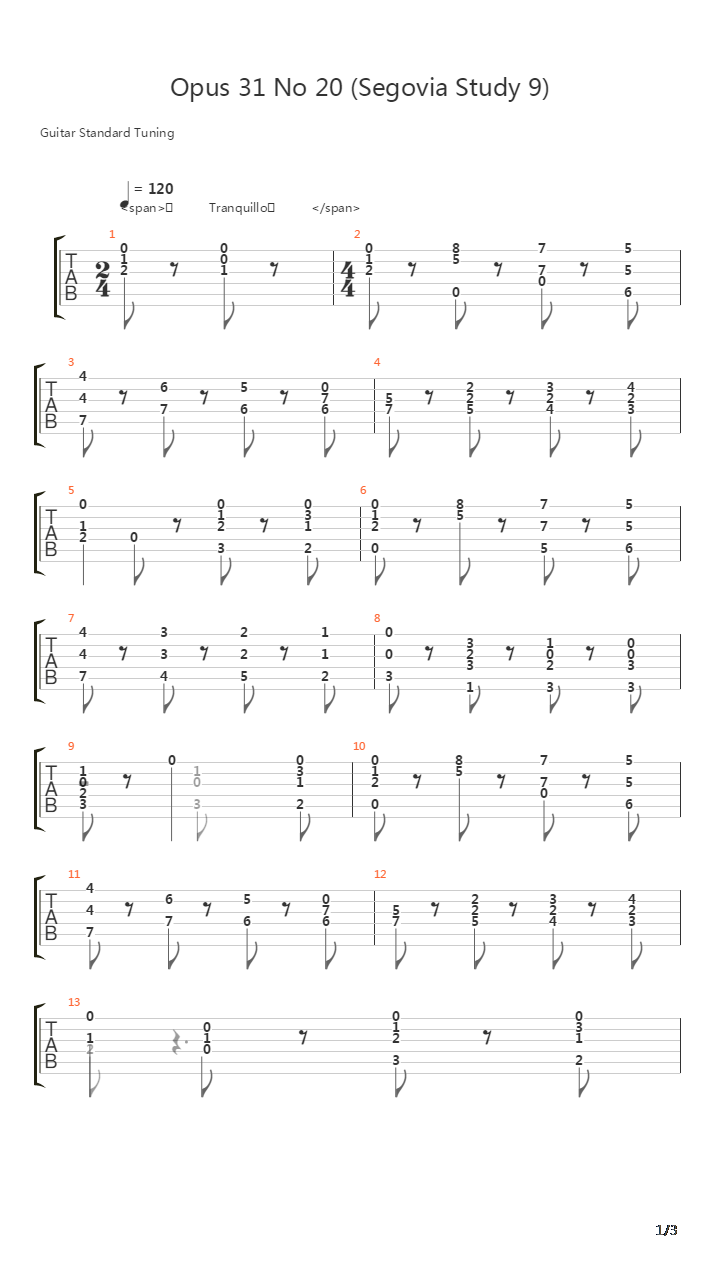 Opus 31 No 20 (Segovia Study 9)吉他谱