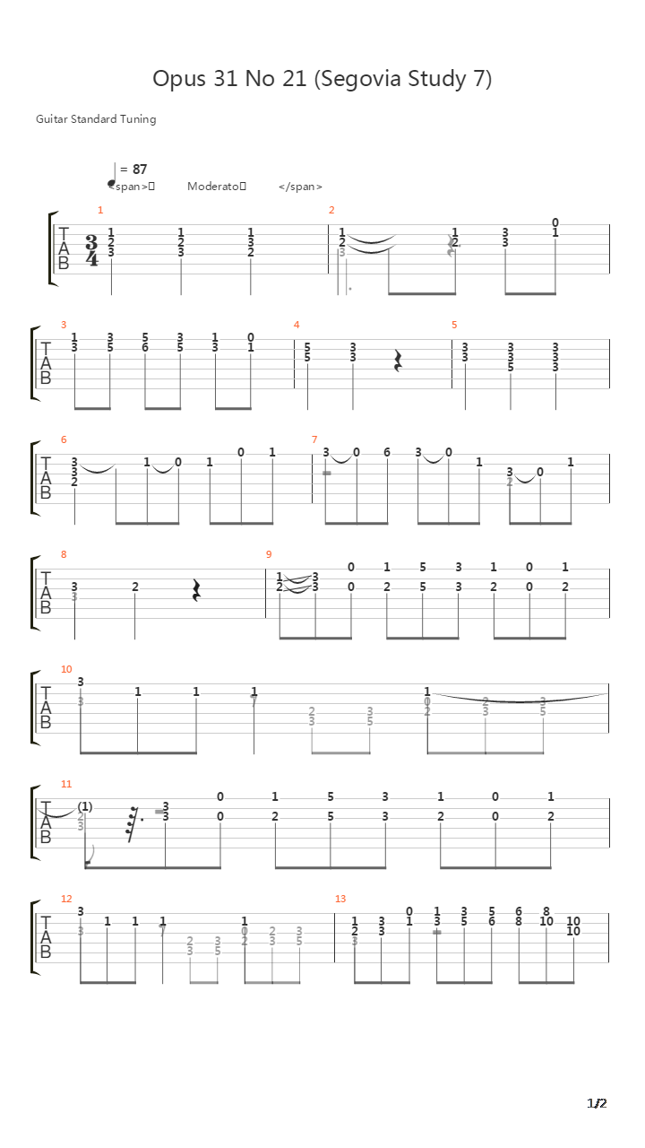 Opus 31 No 21 (Segovia Study 7)吉他谱