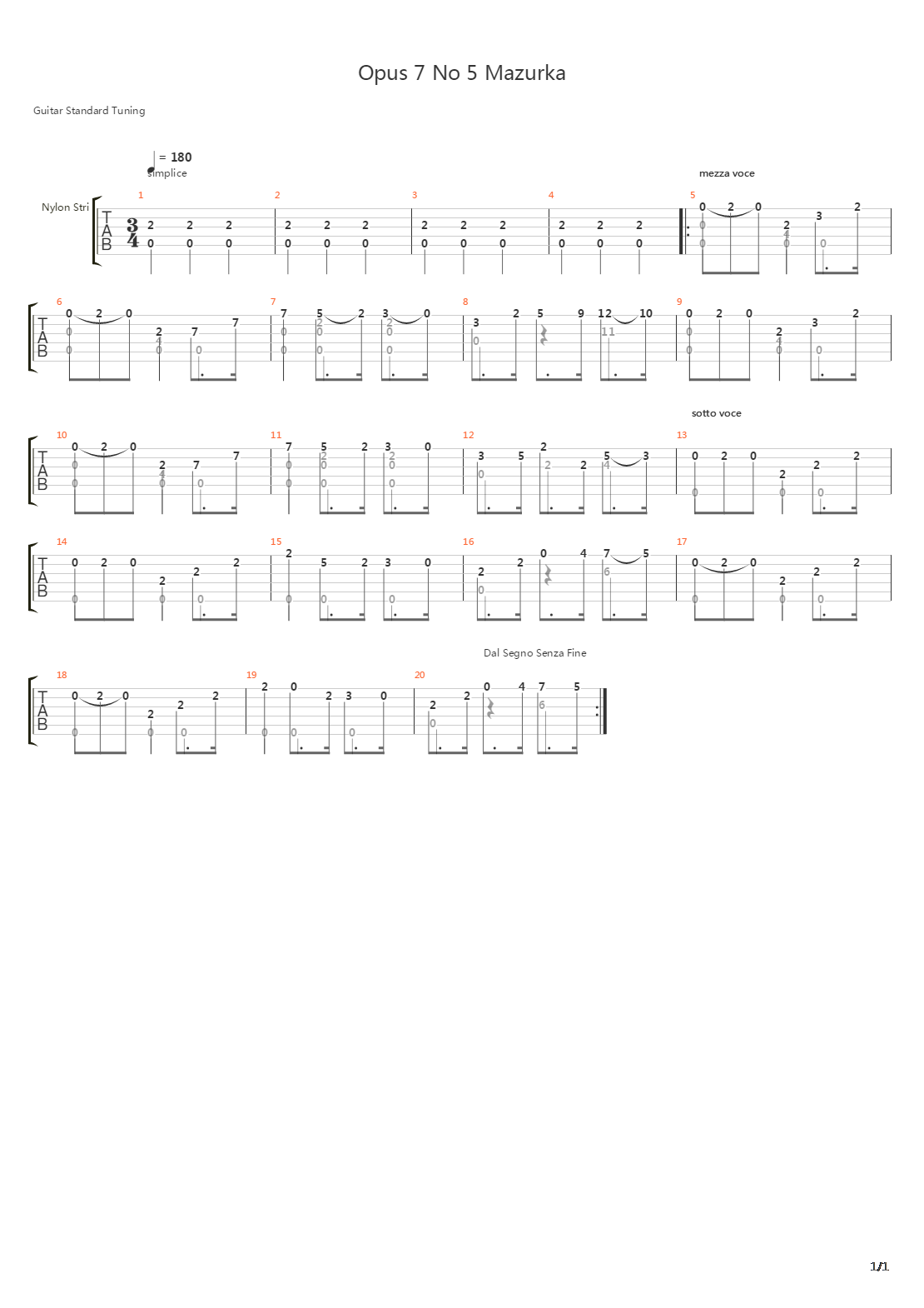 Opus 7 No 5 Mazurka吉他谱