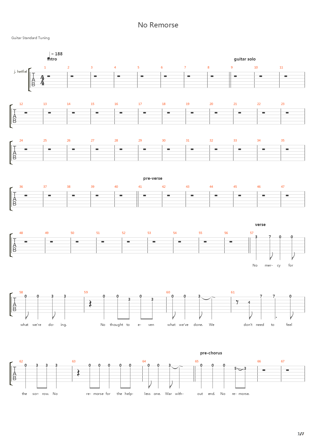 No Remorse吉他谱