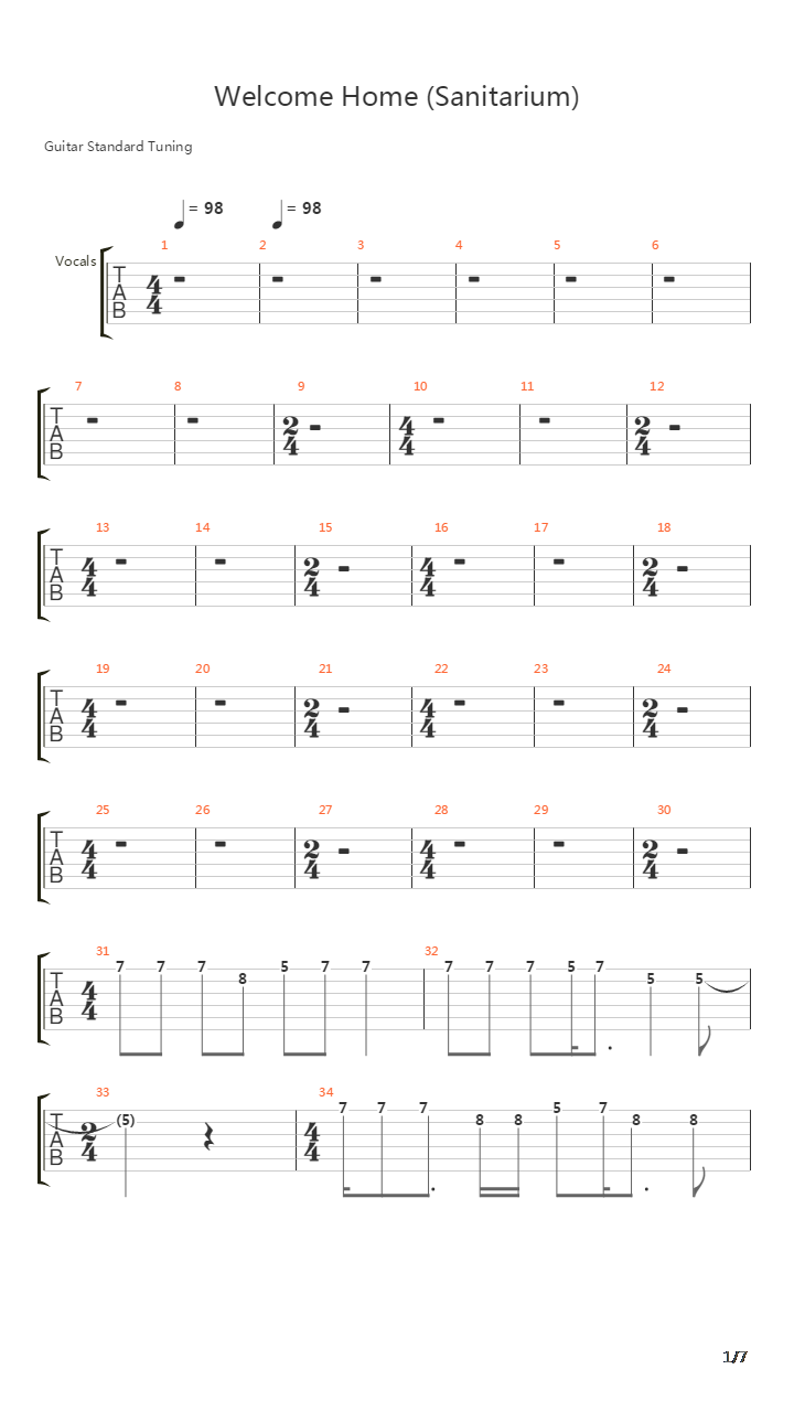 Welcome Home Sanitarium吉他谱