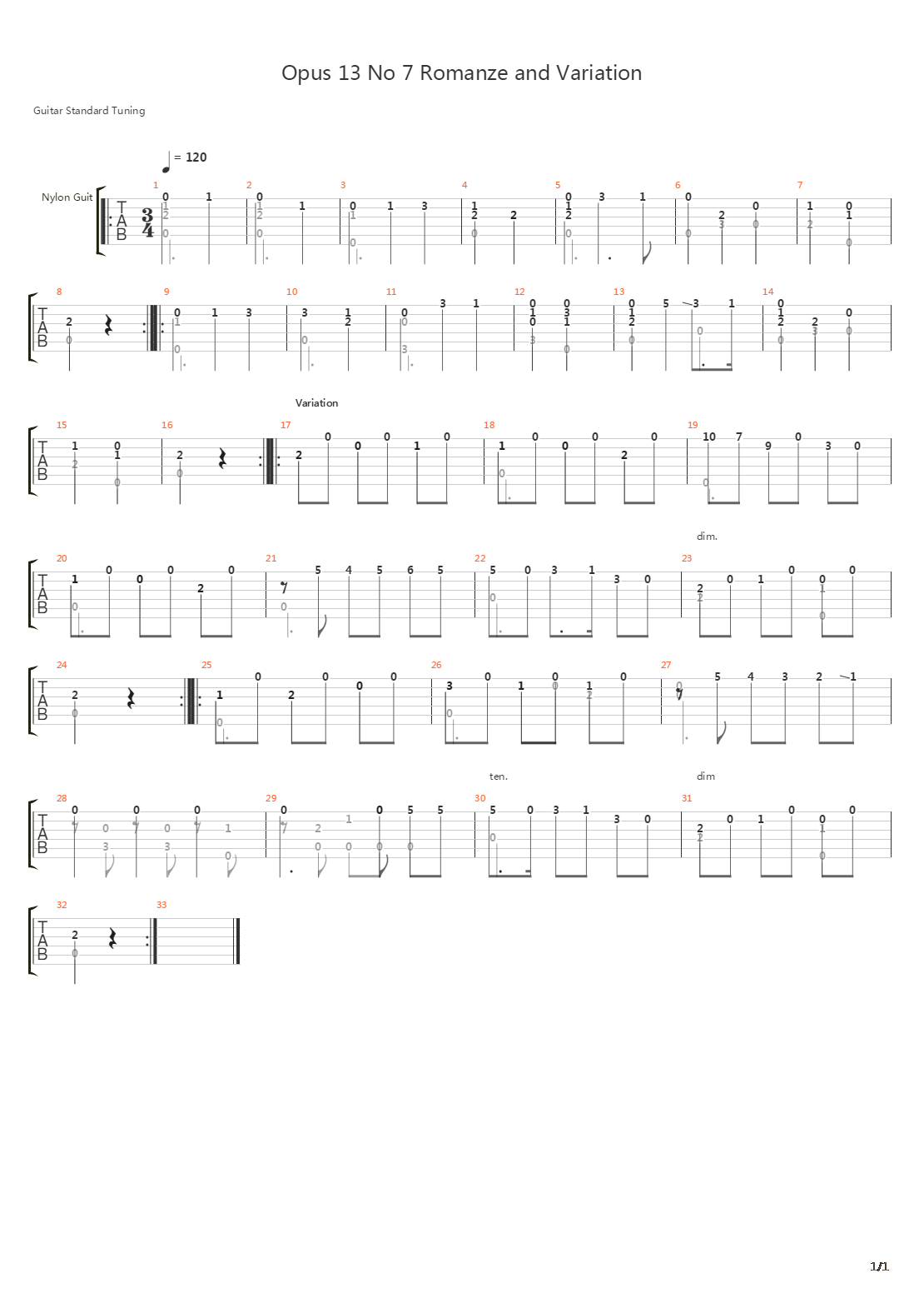 Opus 13 No 7 Romanze and Variation吉他谱