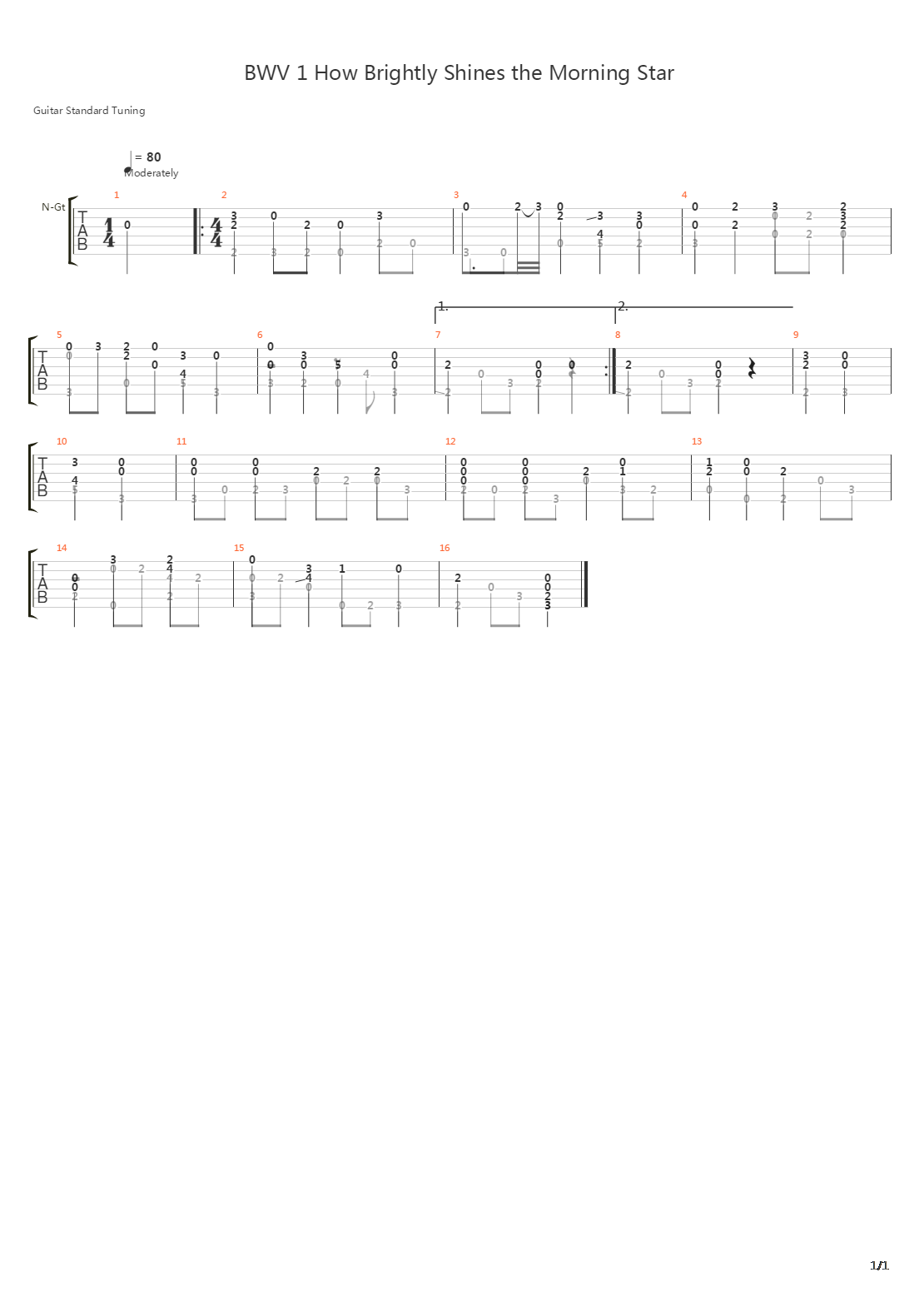 BWV 1 How Brightly Shines the Morning Star吉他谱