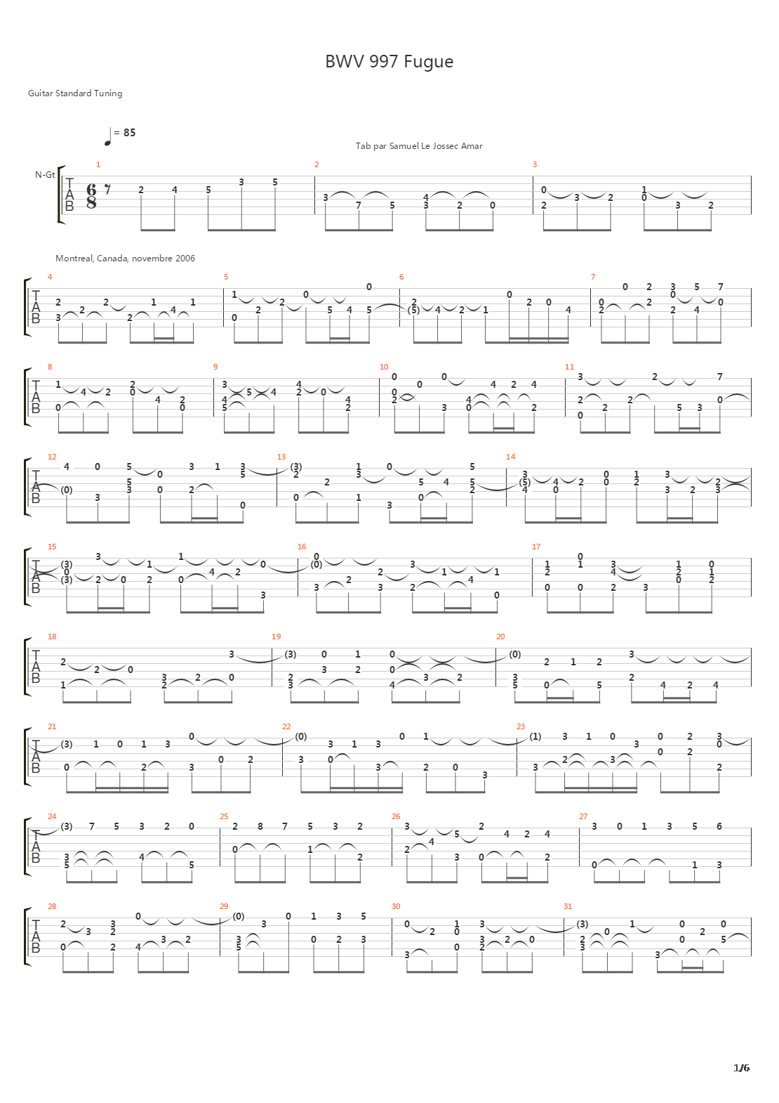 BWV 997 Fugue吉他谱