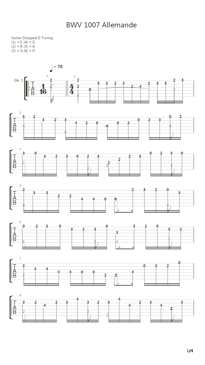 BWV 1007 Allemande吉他谱