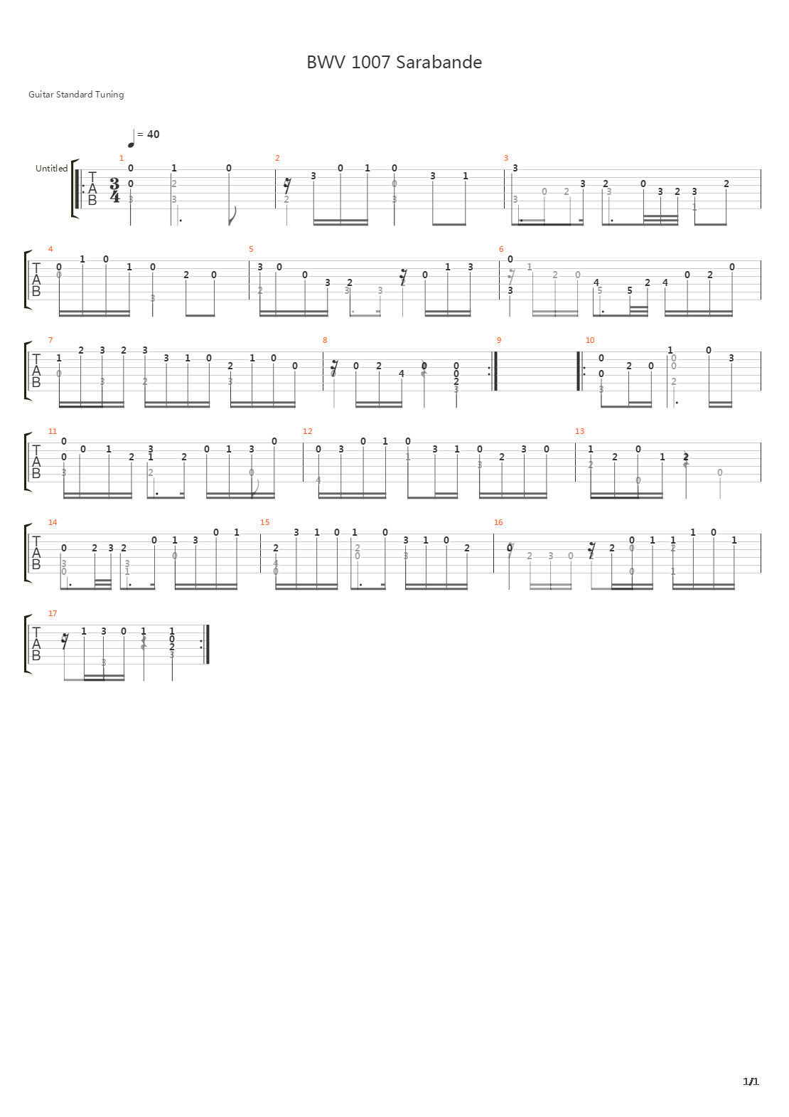 BWV 1007 Sarabande吉他谱