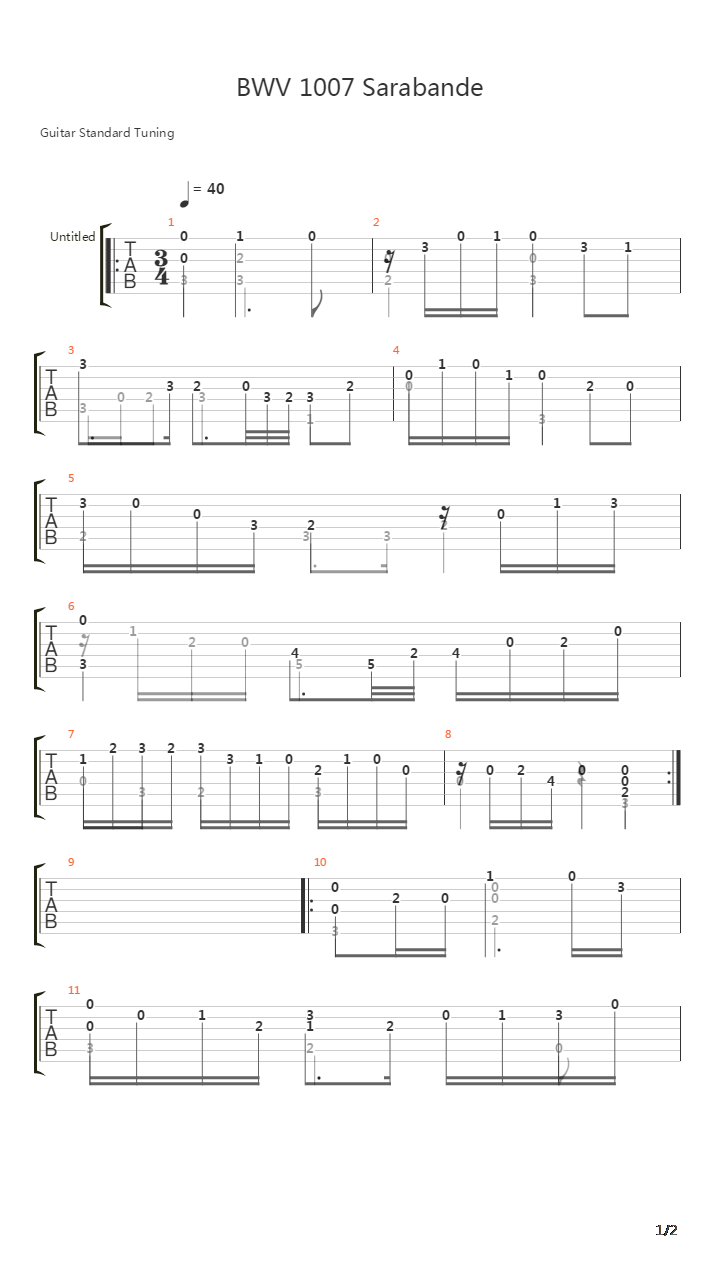BWV 1007 Sarabande吉他谱