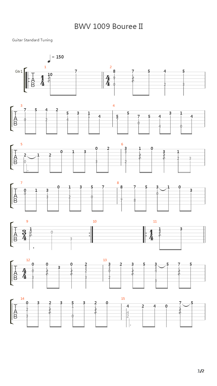 BWV 1009 Cello Suite In A Major 6 Bouree II吉他谱