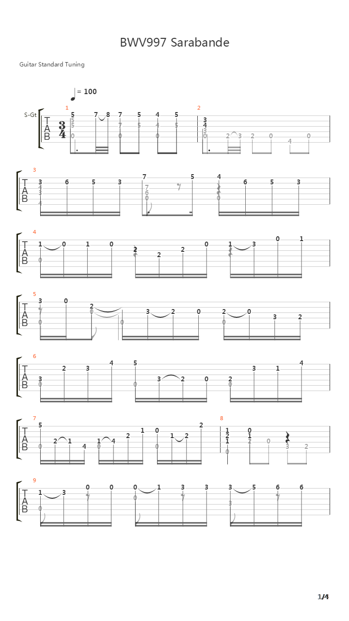 BWV997 Sarabande吉他谱