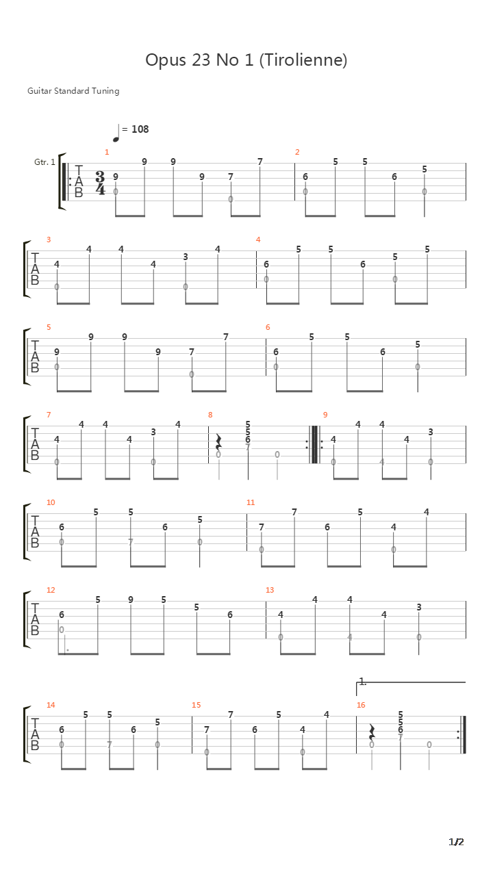 Opus 23 No 1 (Tirolienne)吉他谱