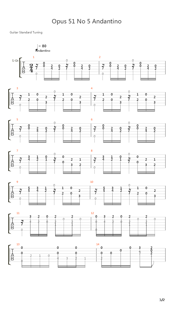 Opus 51 No 5 Andantino吉他谱