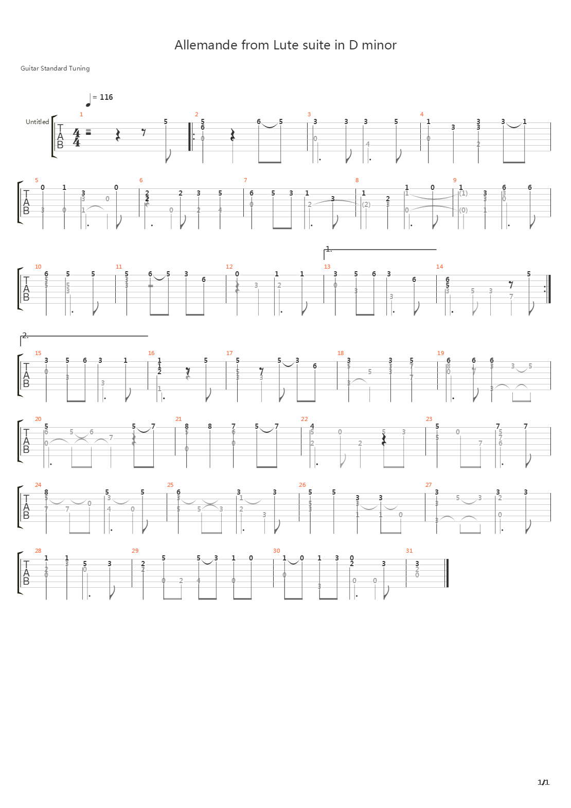 Lute Suite In D Minor 2 Allemande吉他谱