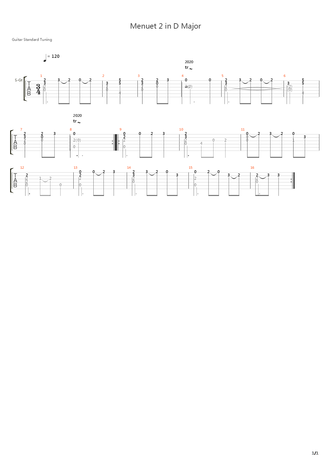 Menuet 2 in D Major吉他谱