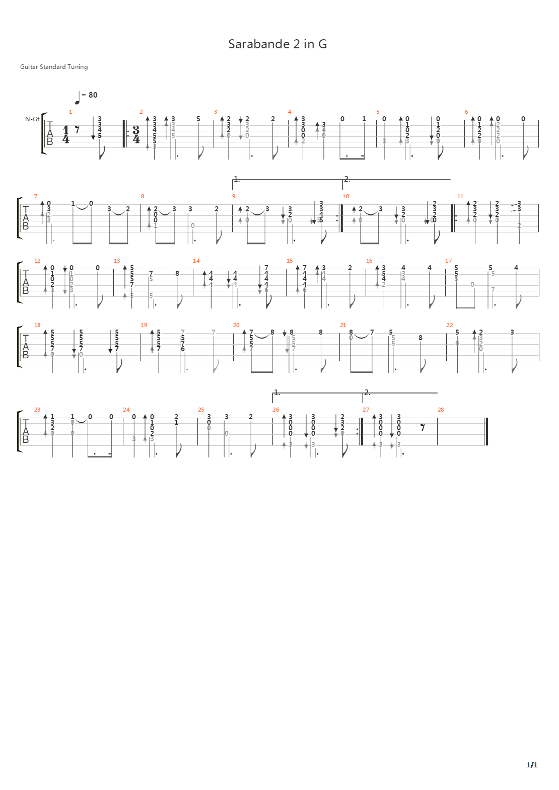 Sarabande 2 in G吉他谱