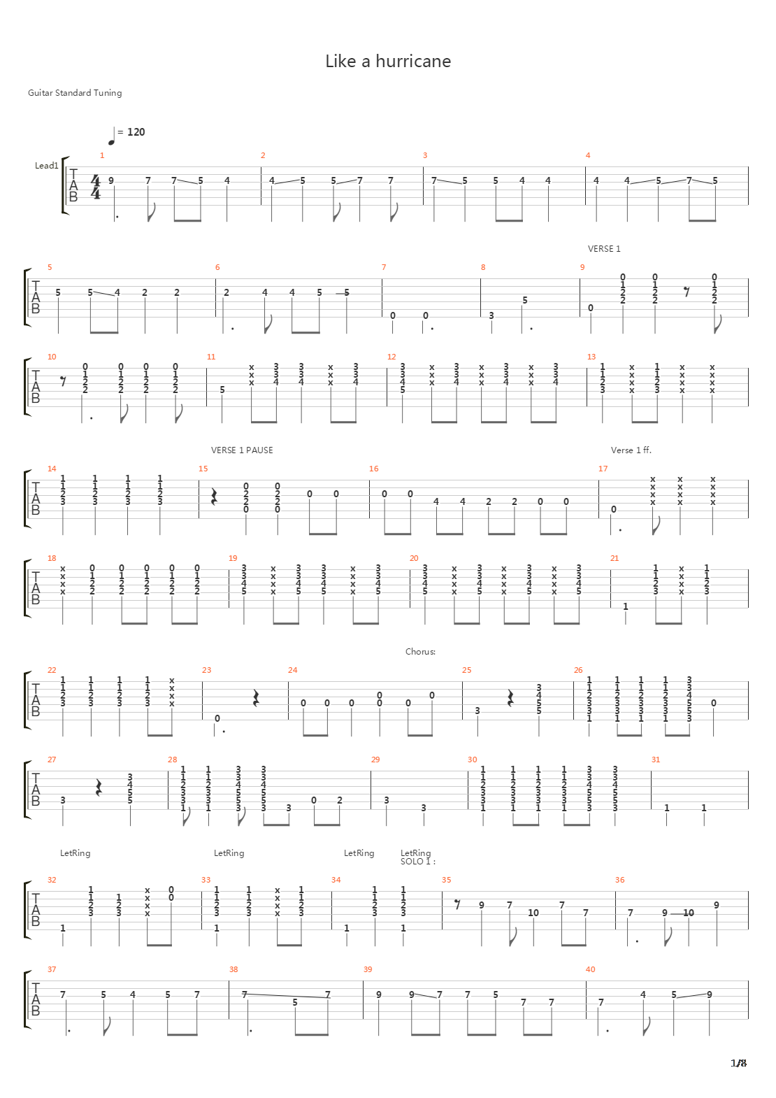 Like A Hurricane吉他谱