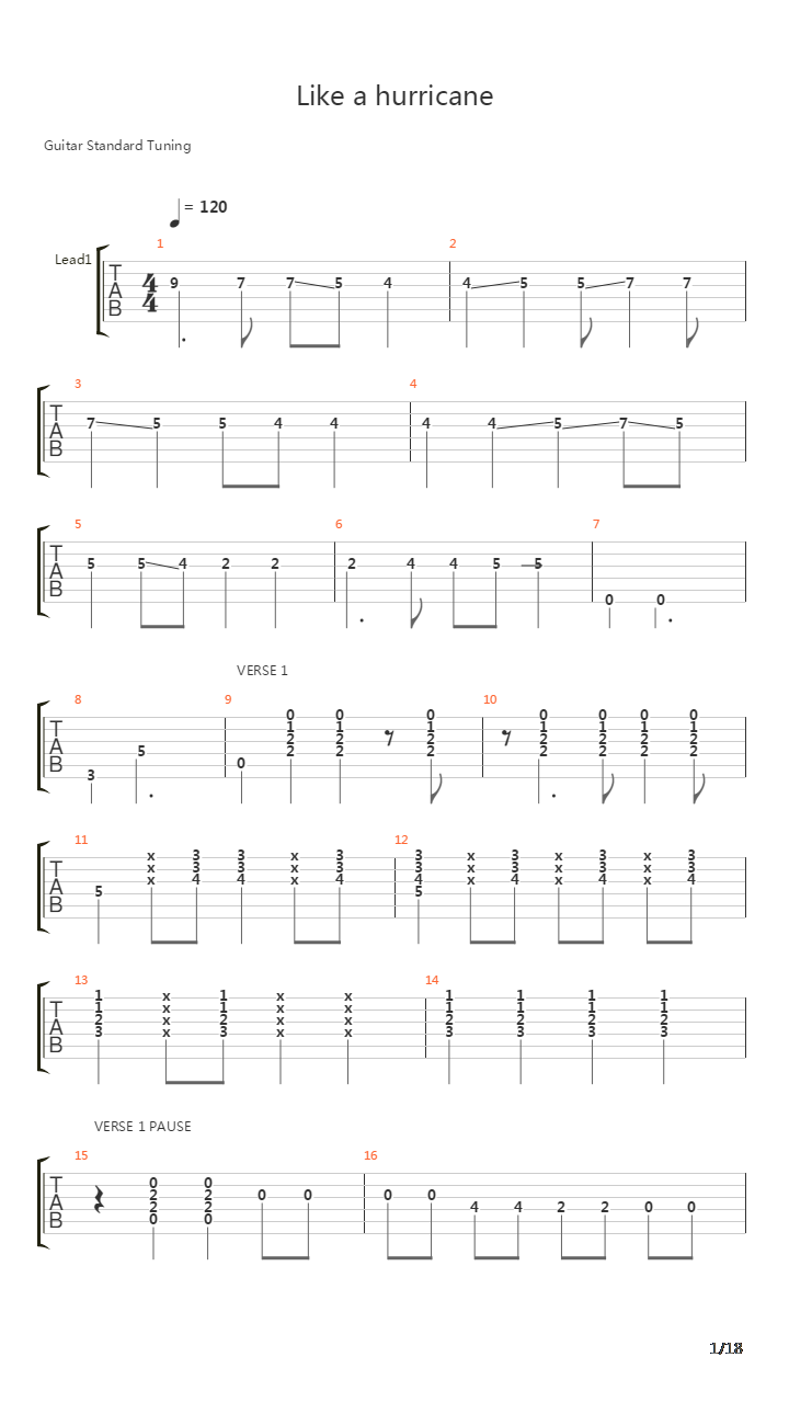 Like A Hurricane吉他谱