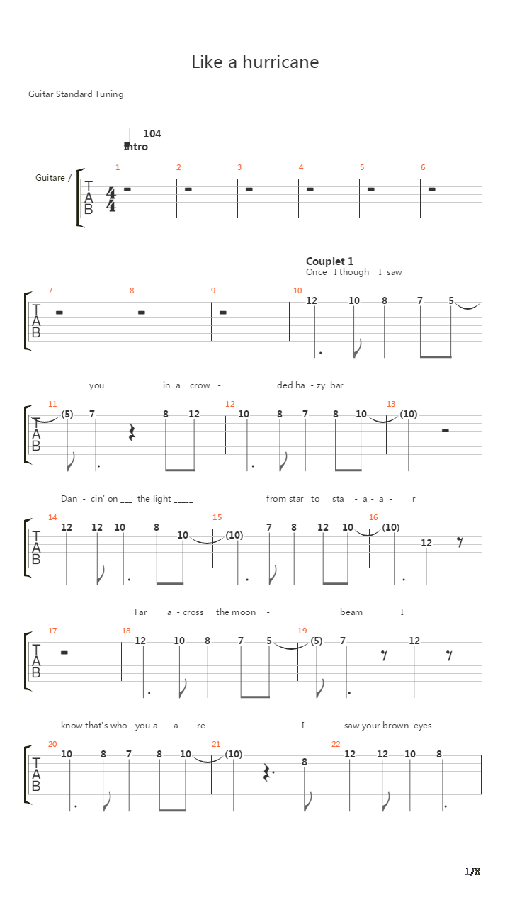 Like A Hurricane吉他谱