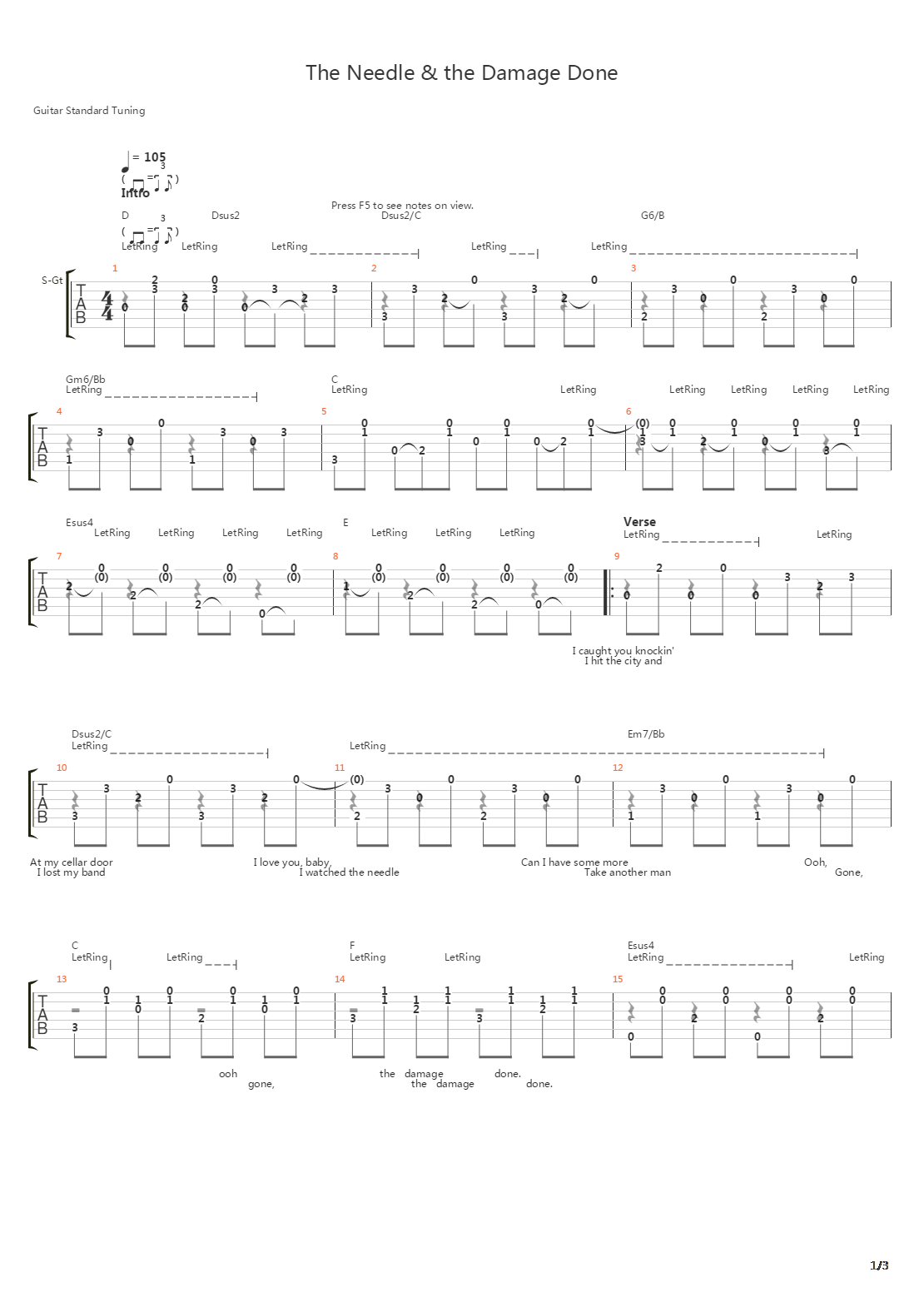The Needle And The Damage Done吉他谱