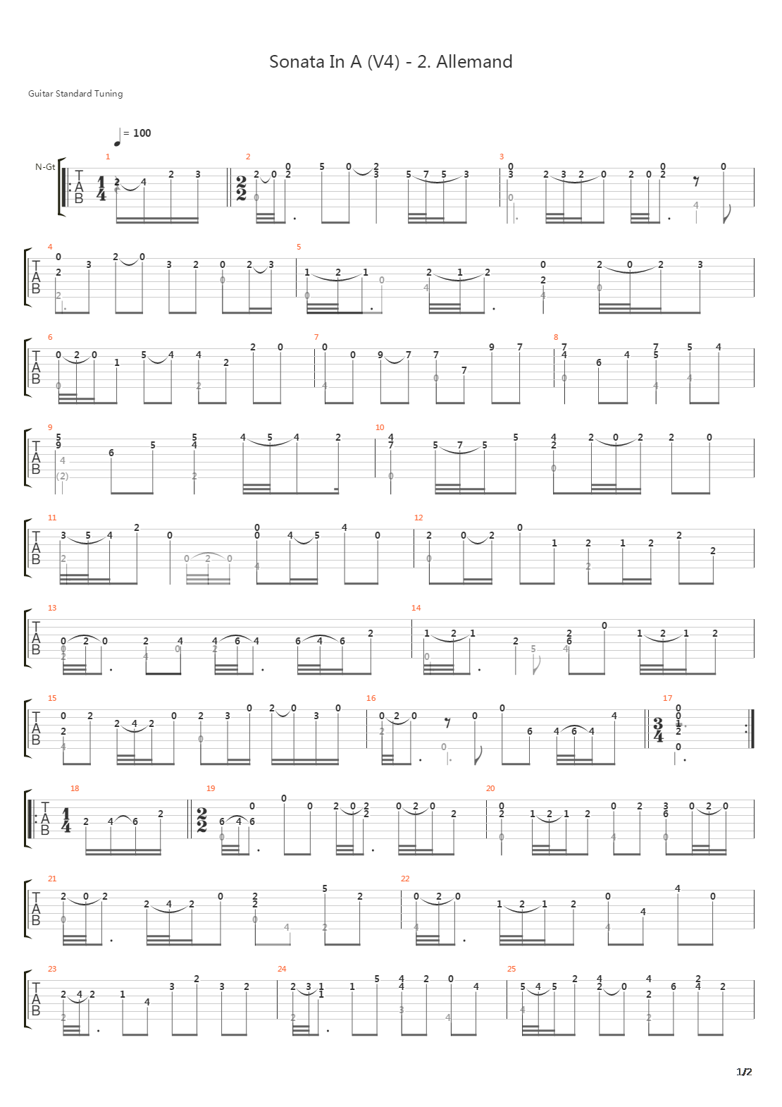 Sonata In A (V4) 2 Allemand吉他谱