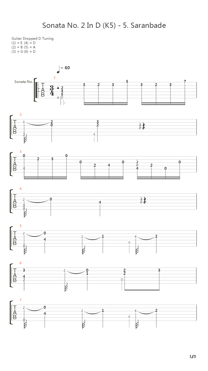 Sonata No 2 In D K5 5 Sarabande吉他谱