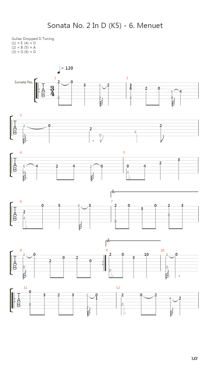 Sonata No 2 In D K5 6 Menuet吉他谱