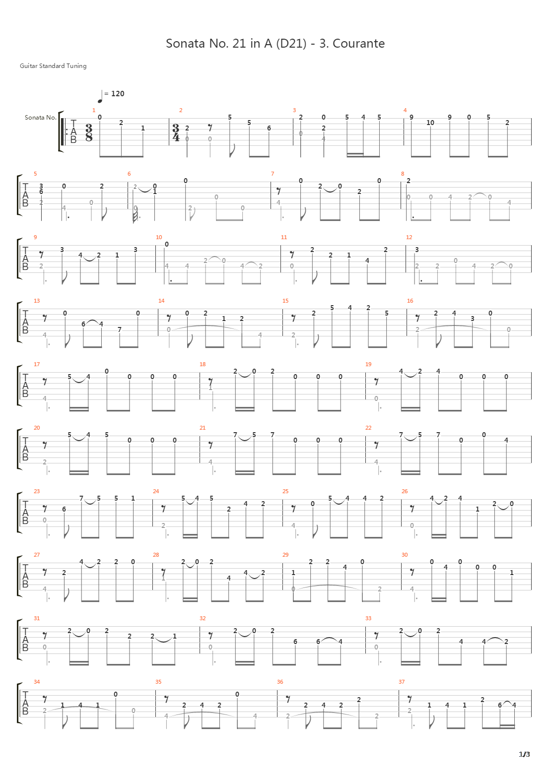 Sonata No 21 in A D21 3 Courante吉他谱