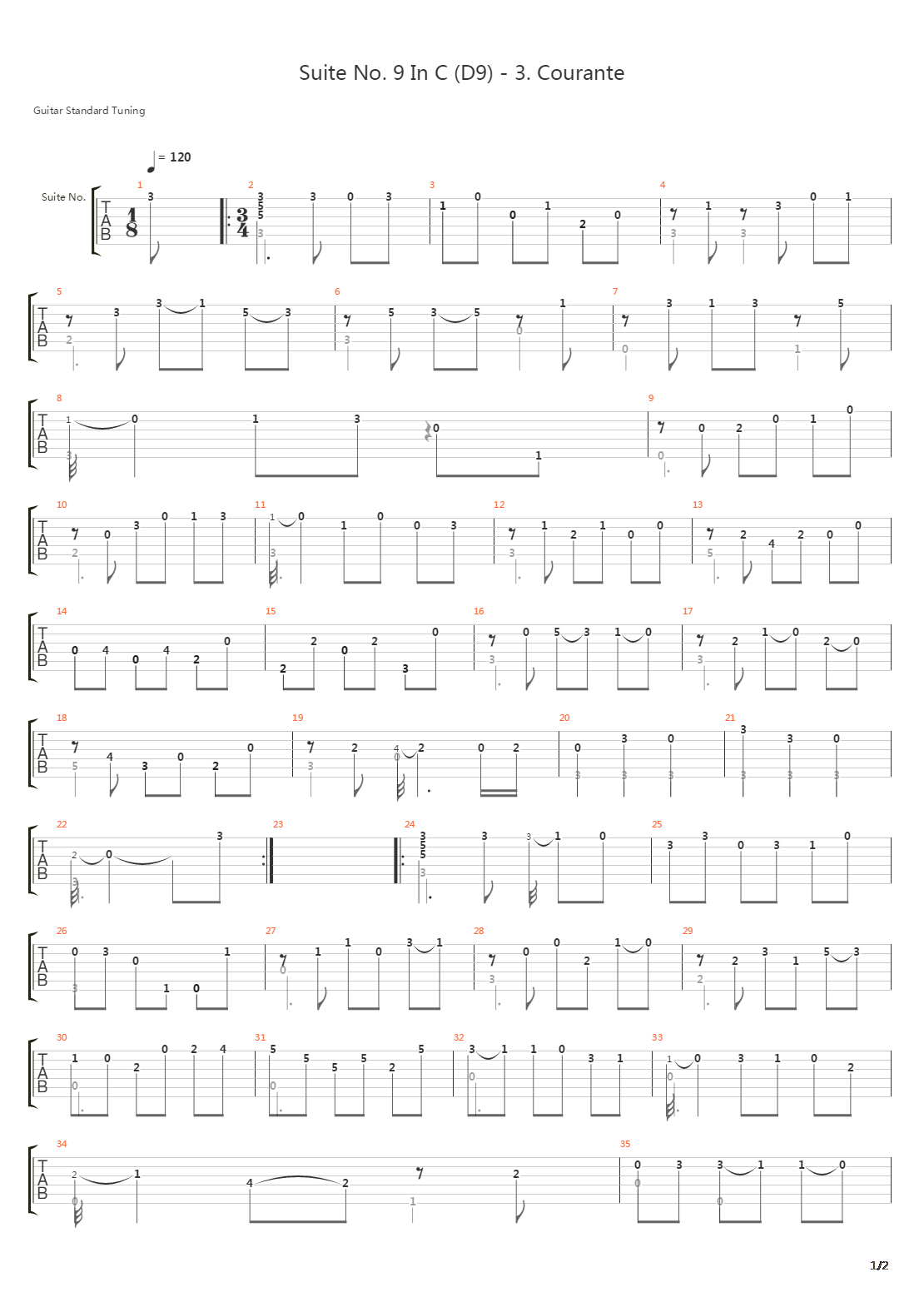 Suite No 9 In C D9 3 Courante吉他谱