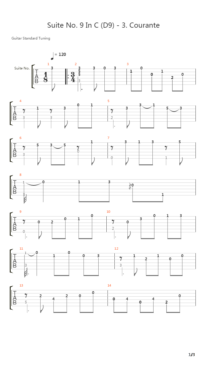 Suite No 9 In C D9 3 Courante吉他谱