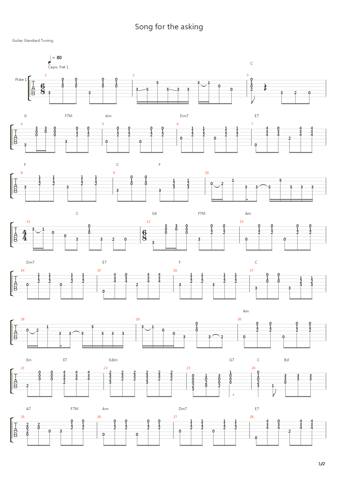 Song For The Asking吉他谱