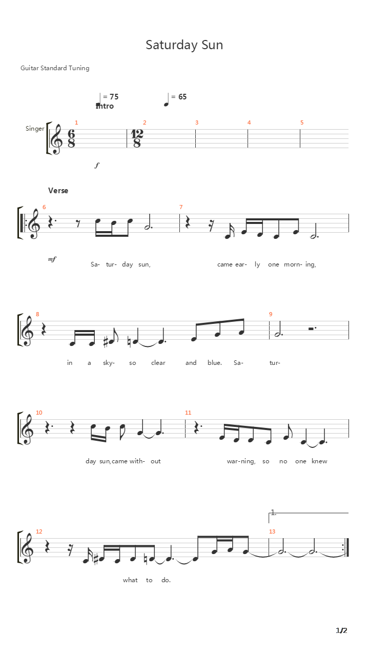 Saturday Sun吉他谱