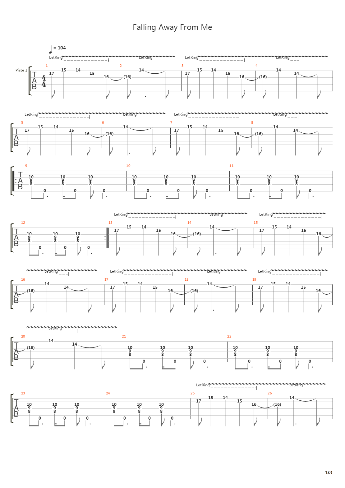 Falling Away From Me吉他谱