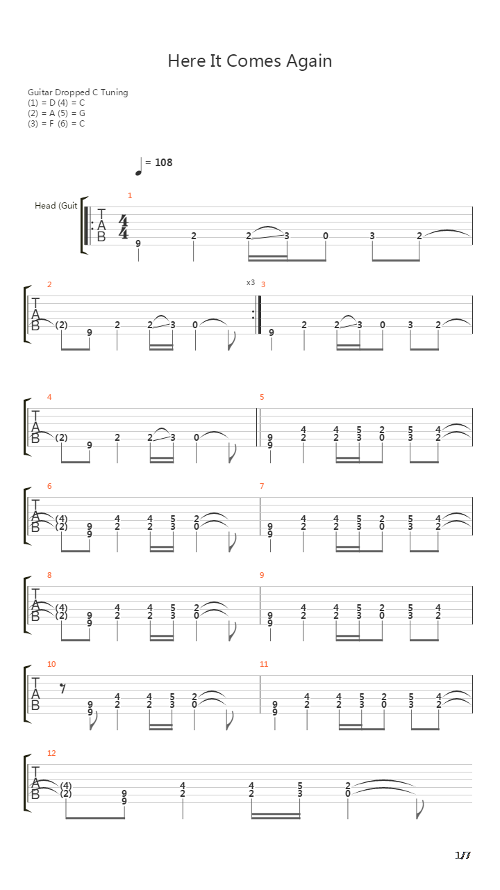 Here It Comes Again吉他谱