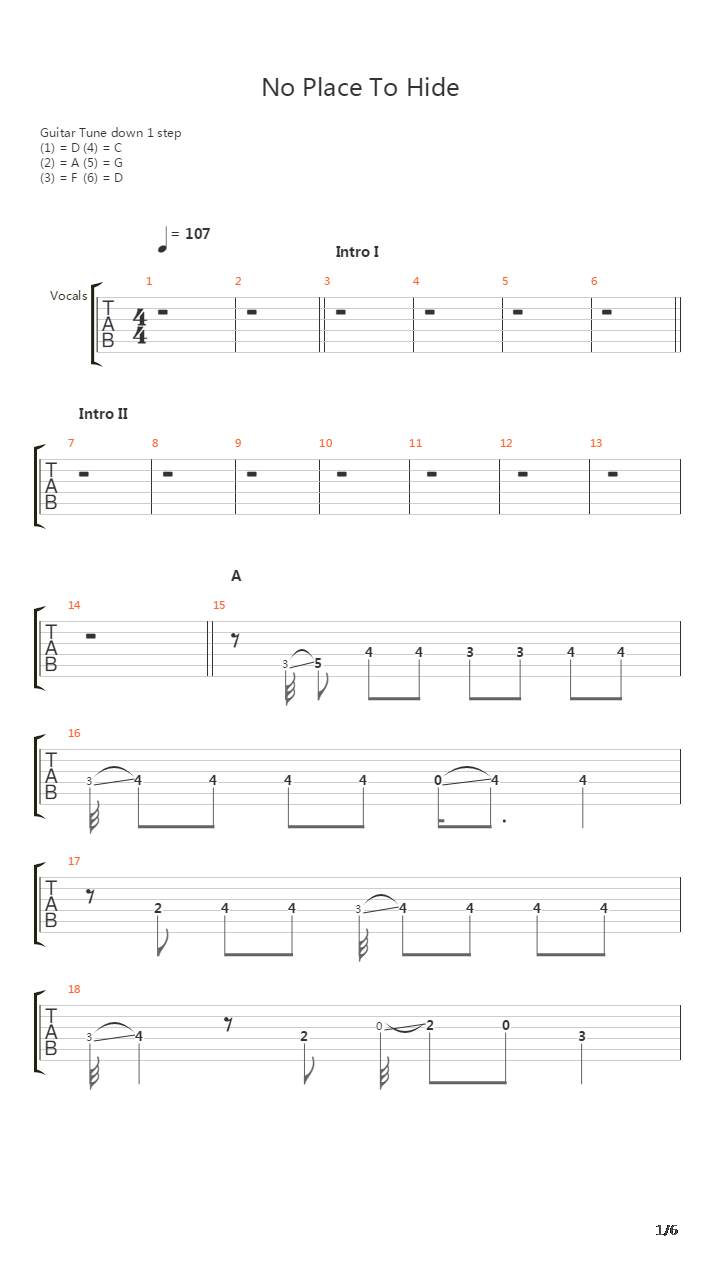 No Place To Hide吉他谱