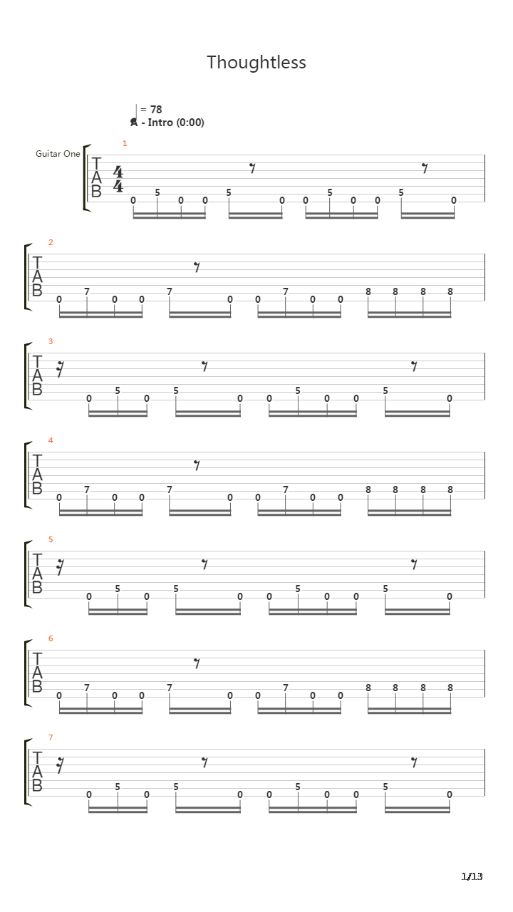 Thoughtless吉他谱