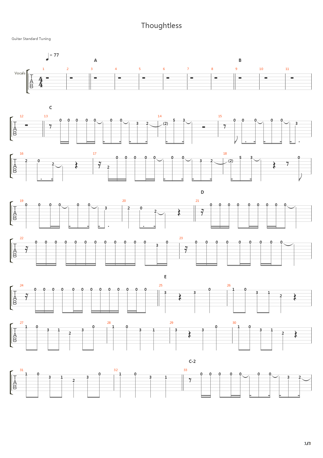 Thoughtless吉他谱
