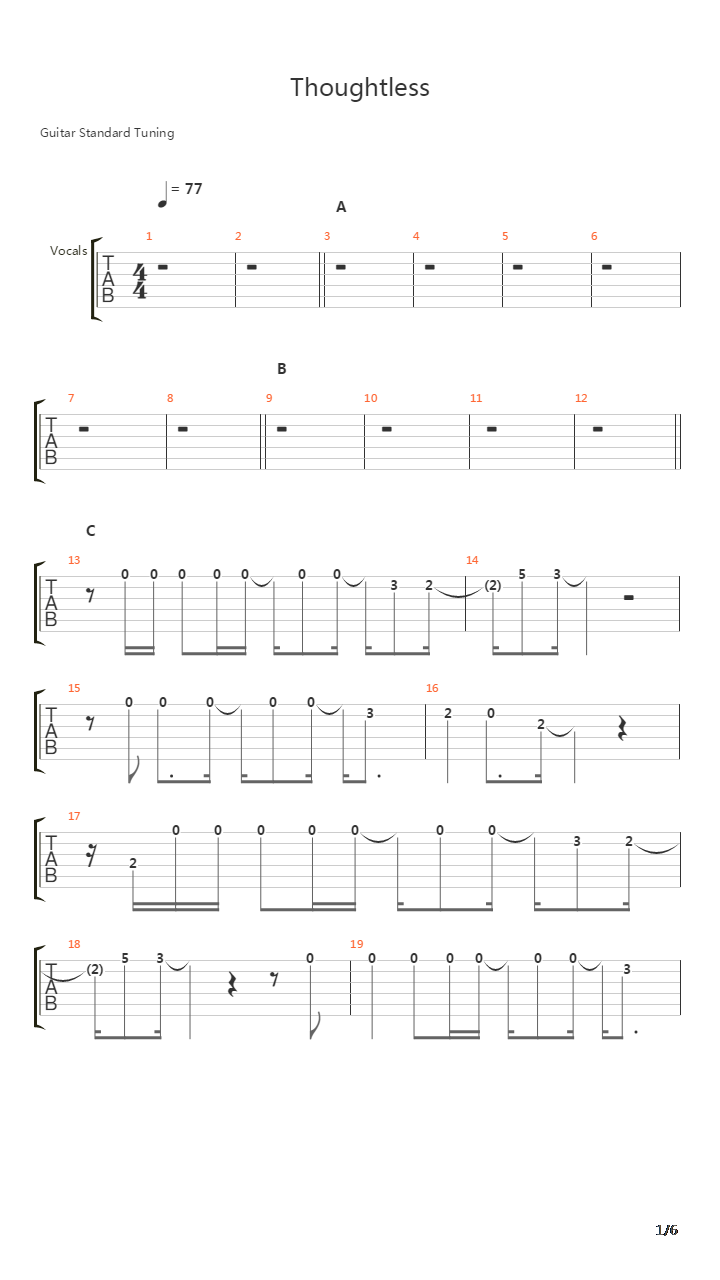 Thoughtless吉他谱