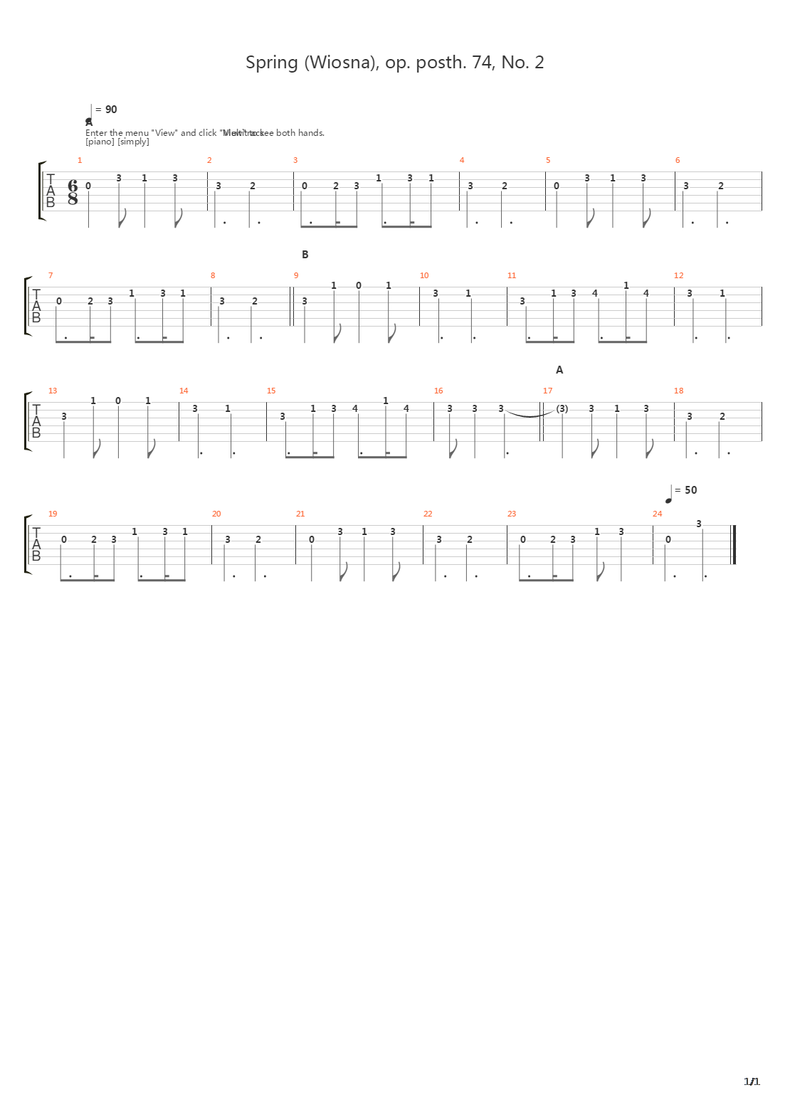 Wiosna Op Posth 74 No 2吉他谱