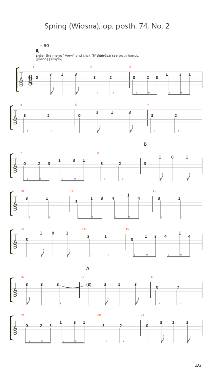 Wiosna Op Posth 74 No 2吉他谱