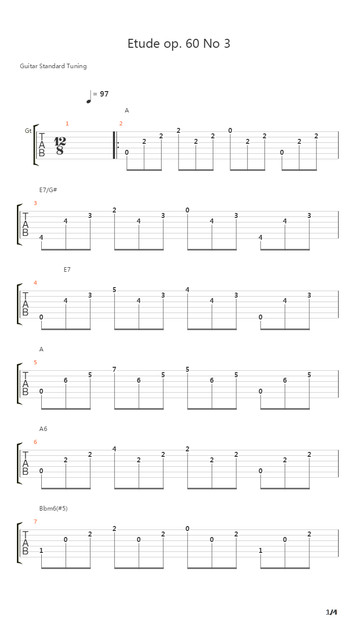 Opus 60 No3 Etude In A吉他谱