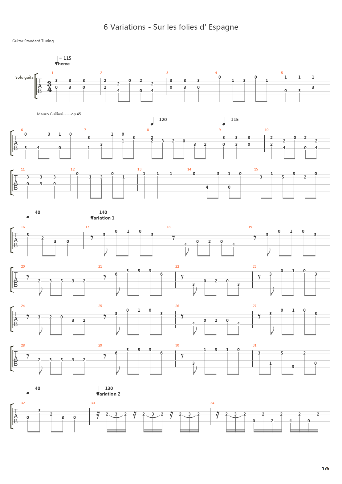 6 Variations On The Folia Of Spain吉他谱