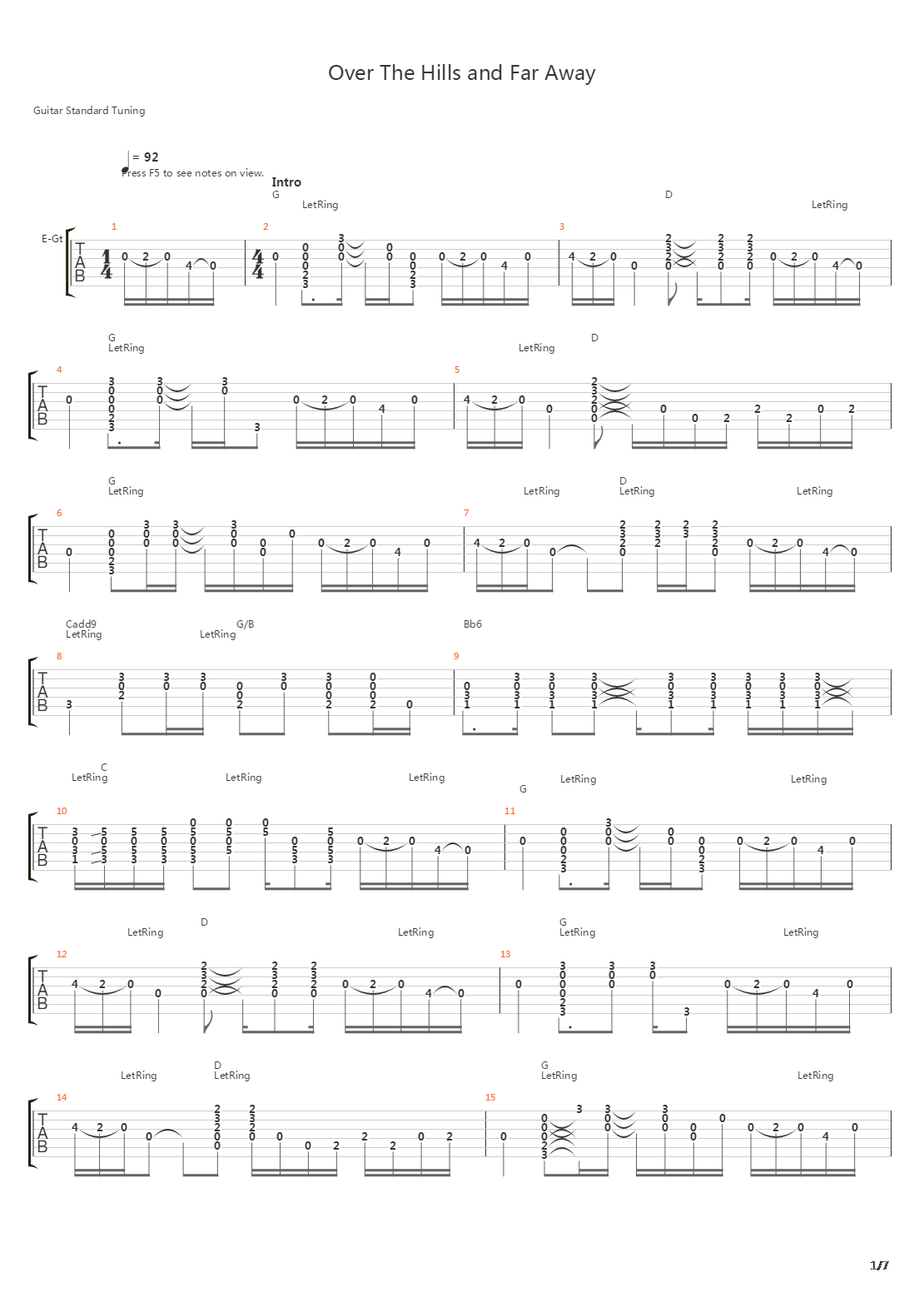 Over The Hills And Far Away吉他谱