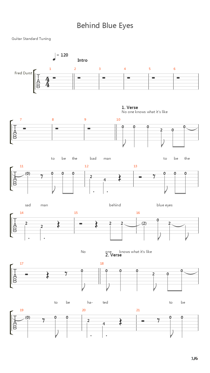 Behind Blue Eyes吉他谱