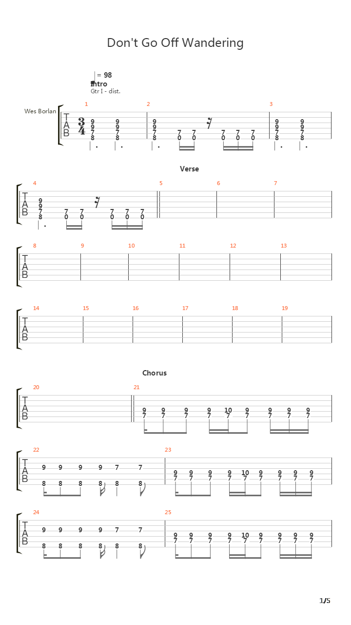 Dont Go Off Wandering吉他谱