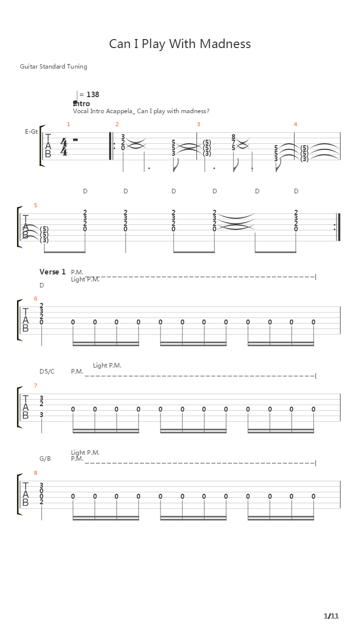 Can I Play With Madness吉他谱