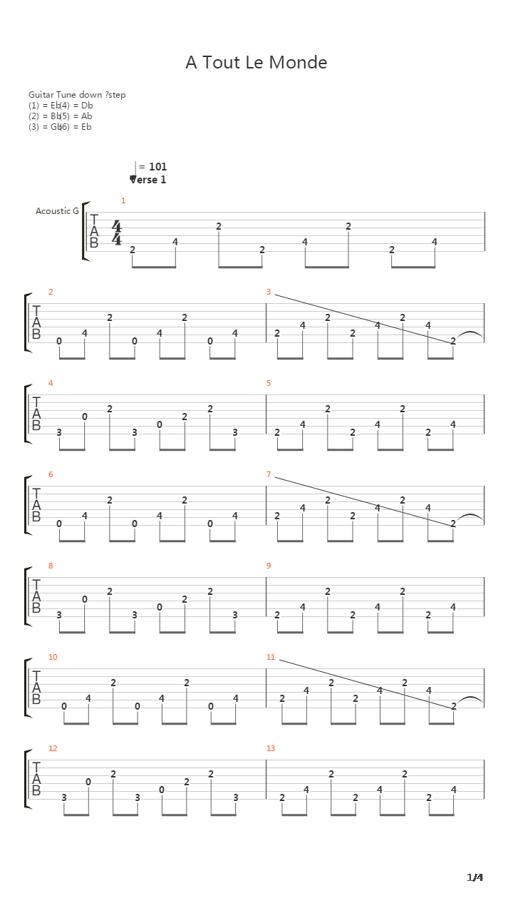A Tout Le Monde吉他谱