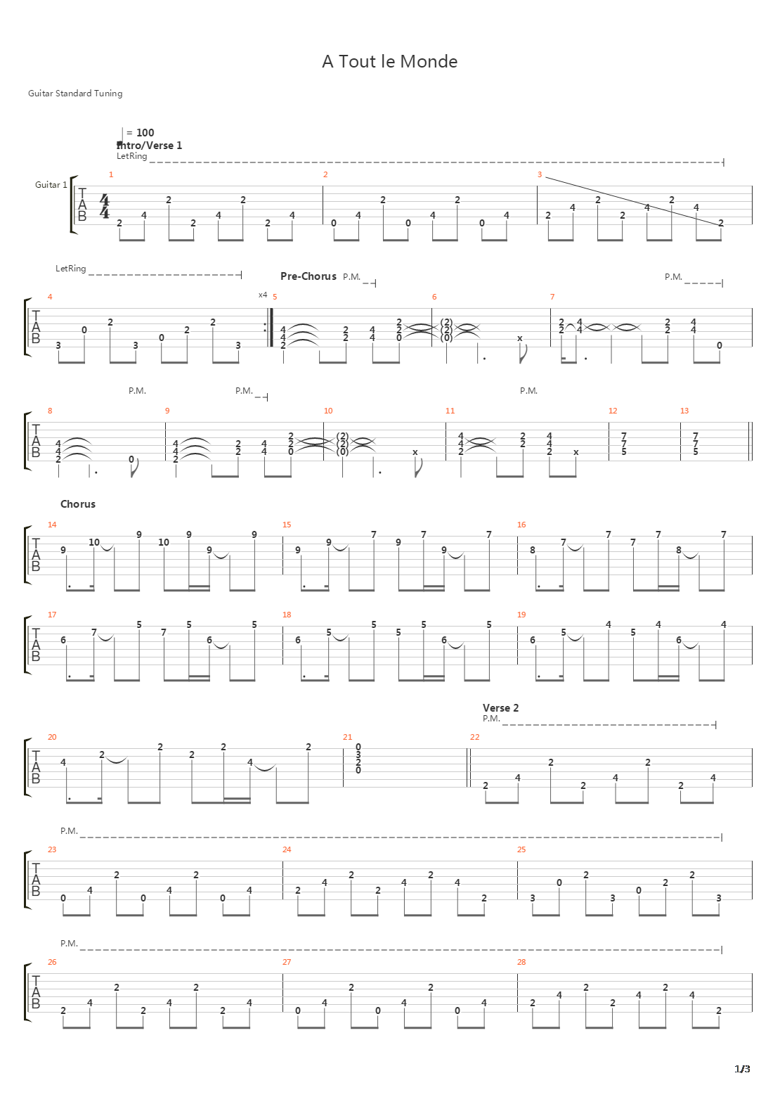 A Tout Le Monde吉他谱